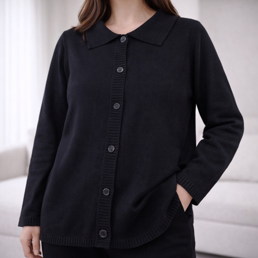 Margaret San Francisco Black Wool Blend Knit Button Collared Cardigan‎ Sweater L